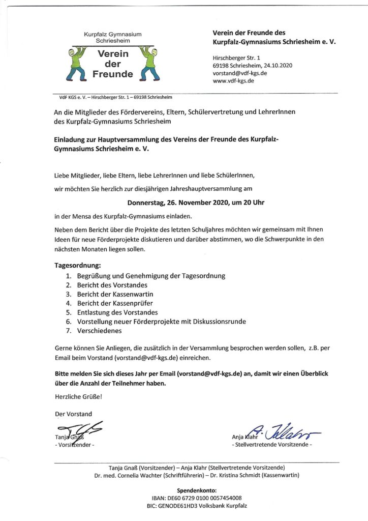 Einladung zur Mitgliederversammlung am 26.11.2020