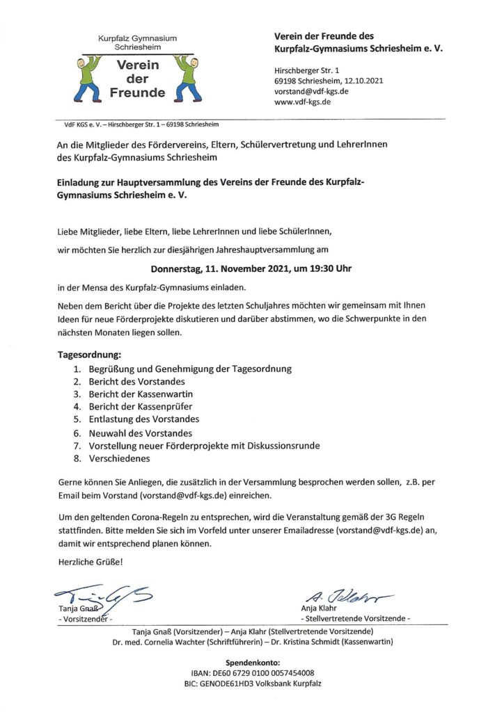 Einladung zur Jahreshauptversammlung 2021