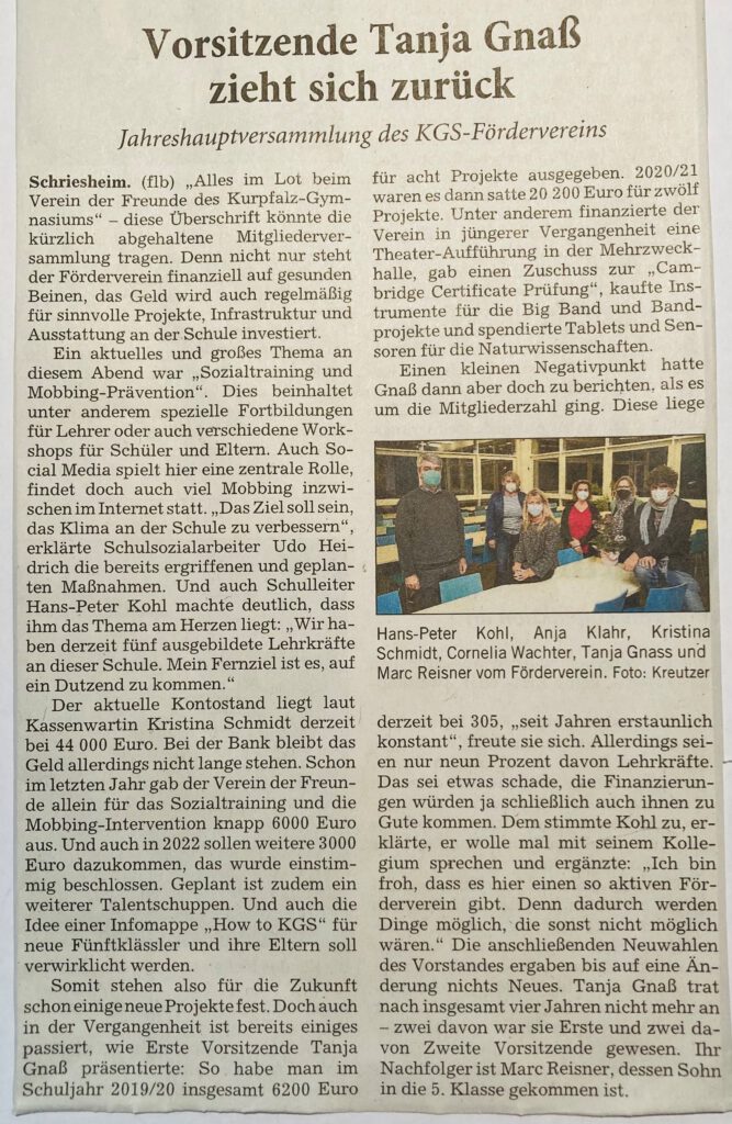 Jahreshauptversammlung – RNZ Artikel 06.12.2021