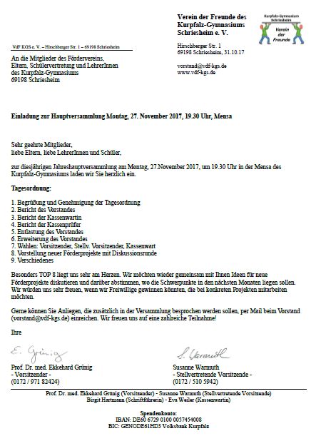 Einladung zur MitgliederversammlungMontag, 27.11.2017, 19.30 UhrMensa des Kurpfalz-Schulzentrums, Schriesheim