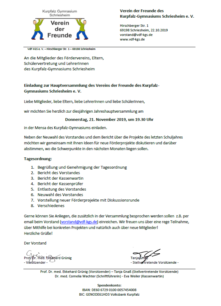 Einladung zur Hauptversammlung am 21.11.2019